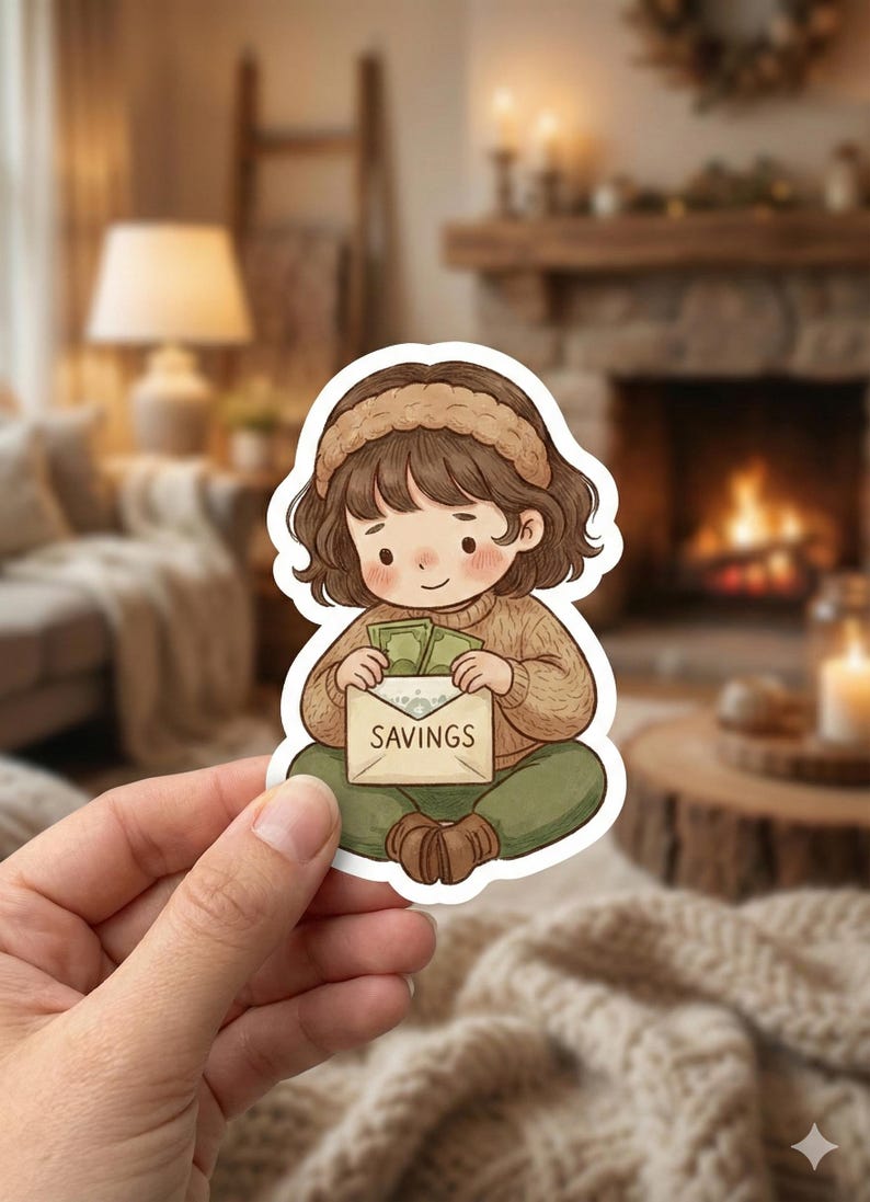 Op de afbeelding: Een sticker met een cartoonillustratie van een persoon die een envelop met de tekst "SAVINGS" met geld vasthoudt. De persoon draagt een bruine trui en een groene broek. De achtergrond is wazig.