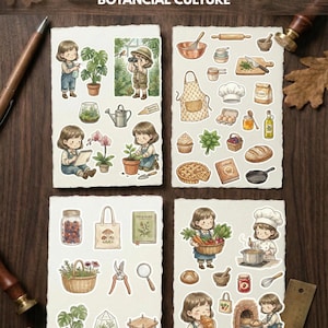 Puede incluir: Cuatro hojas de pegatinas ilustradas con temática botánica y gastronómica. Cada hoja presenta personajes de dibujos animados e ilustraciones de jardinería, cocina y preparación de alimentos. El texto "THE URBAN FOODIE AND BOTANICAL CULTURE" está en la parte superior.