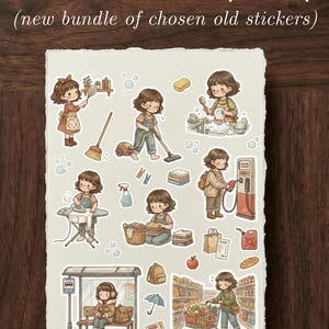 May include: A sheet of stickers featuring illustrations of a girl performing various daily activities. The text at the top reads "DAYS WITH WILLOW (VLOGS)" and "(new bundle of chosen old stickers)". The stickers depict scenes like cleaning, shopping, and doing laundry.