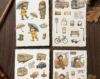 Paquete de pegatinas "Imprescindibles urbanos y días lluviosos" / Colección "Cielos grises y rutina urbana" / Pegatinas para planificadores de vida urbana y transporte público