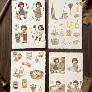 May include: A set of illustrated stickers with the text "WILLOW, THE HOUSEHOLD CHORES." The stickers show various household tasks, such as cleaning, cooking, and gardening. The illustrations feature a cartoon character performing chores.