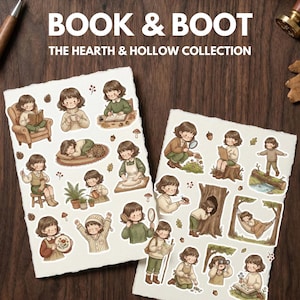 May include: Two sticker sheets featuring illustrations of a girl in various outdoor and indoor settings. The stickers include images of the girl reading, exploring nature, and relaxing. The text "BOOK & BOOT" and "THE HEARTH & HOLLOW COLLECTION" are displayed.