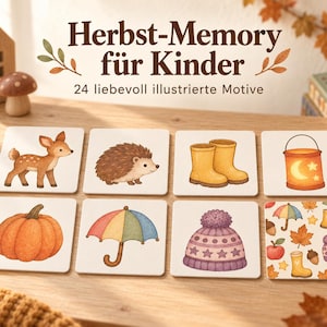 Könnte beinhalten: Ein Memory-Spiel mit quadratischen Karten, die herbstliche Motive wie ein Reh, einen Igel, gelbe Stiefel, eine Laterne, einen Kürbis, einen Regenschirm und eine Mütze zeigen. Der Text lautet Herbst-Memory für Kinder und 24 liebevoll illustrierte Motive.