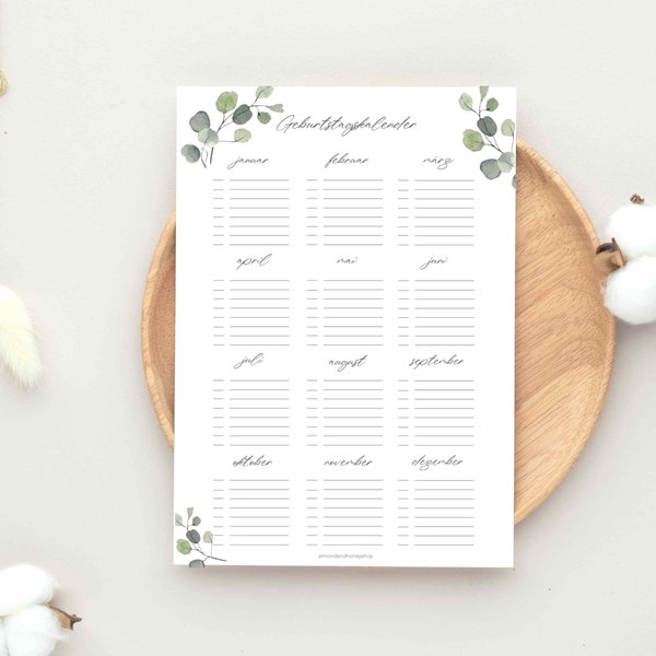 Perpetual Birthday Calendar A4 | Eucalyptus Design | PDF download for self-printing