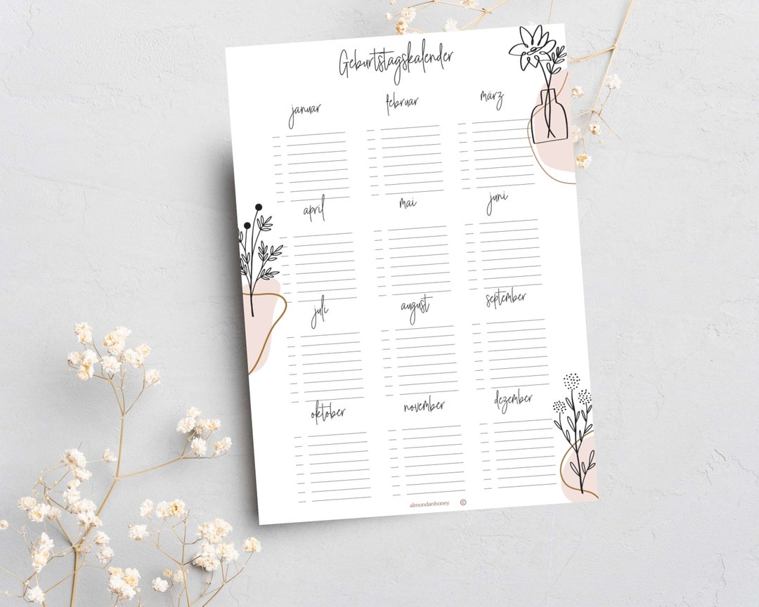 Perpetual Birthday Calendar A4 Floral Boho PDF Download for Self ...