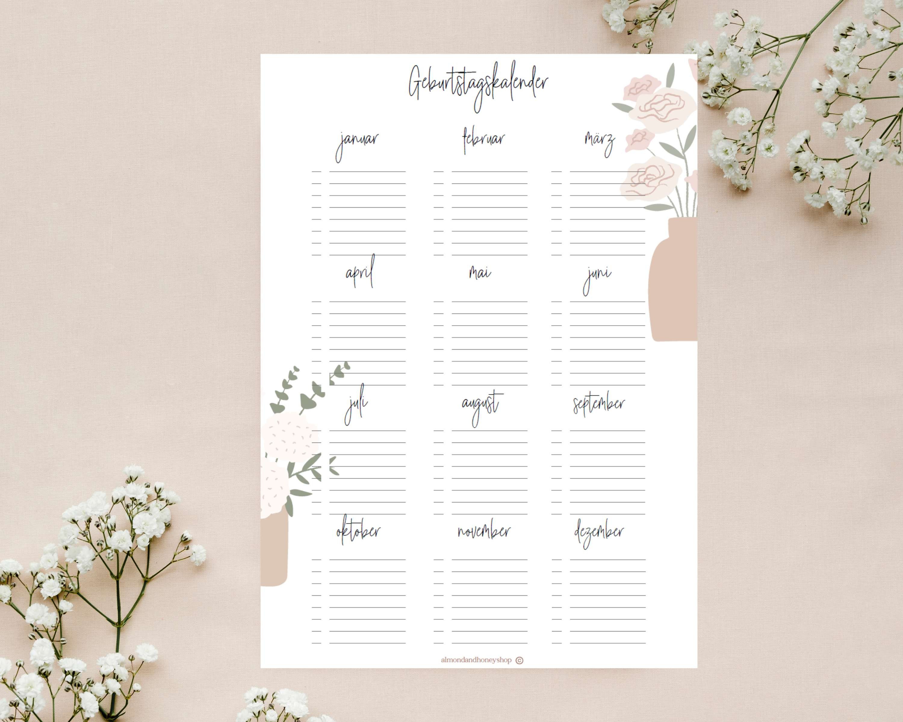 Perpetual Birthday Calendar A4 Floral Boho PDF Download for Self ...