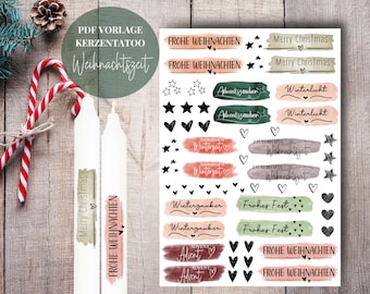 Pode incluir: Uma folha digital de decalques para velas com várias frases temáticas de festas como Frohe Weihnachten, Merry Christmas e Winterzauber, ao lado de estrelas e corações desenhados à mão com pinceladas estilo aquarela em verde, vermelho e cinza.