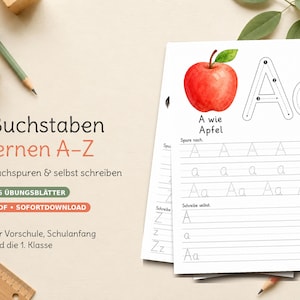 Può includere: Set di fogli di lavoro educativi per imparare l'alfabeto, con un'illustrazione ad acquerello di una mela e il testo A wie Apfel. Le pagine includono lettere tratteggiate da ricalcare e righe per esercitarsi nella scrittura.