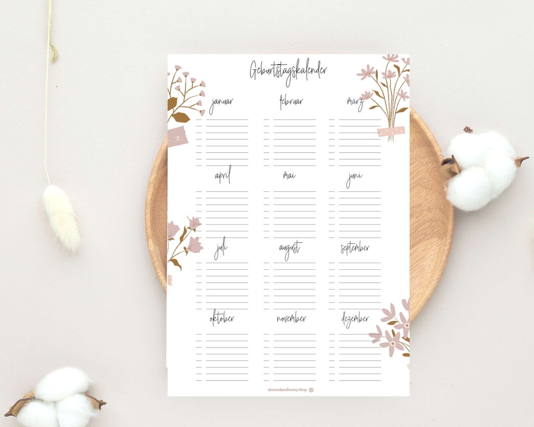 Perpetual Birthday Calendar A4 Floral Boho PDF Download for Self ...