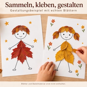 Può includere: Due fogli di carta bianca con disegni a linee nere di figure stilizzate. Le figure sono decorate con vere foglie autunnali per formare capelli e vestiti. La carta include stelle e fiori arancioni stampati. Testo: Sammeln, kleben, gestalten.