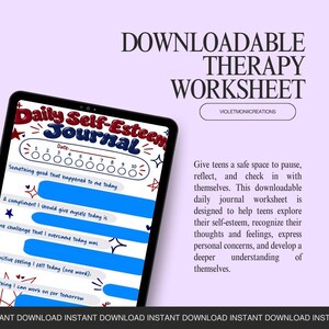 May include: A digital tablet displays a Daily Self-Esteem Journal worksheet with a date line, numbered circles from one to ten, and blue text boxes for writing prompts. The page features red and blue star accents on a white background.