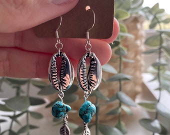 Earrings - Shell, Turquoise and Feather drop earrings