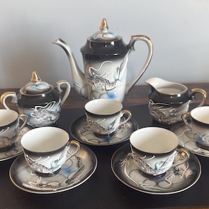 Vintage Japanese Dragon ware Tea Set Demitasse moriage Hand Painted 13 Piece set