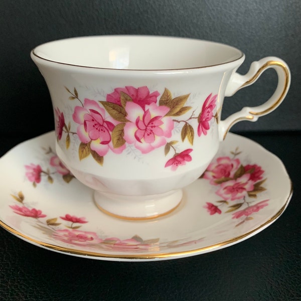Vintage Queen Anne Footed Teacup & Saucer Set Pink Floral England G478 Bone China