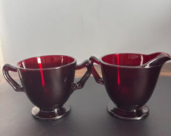 Vintage Anchor Hocking Royal Ruby Glass Creamer and open Sugar Bowl