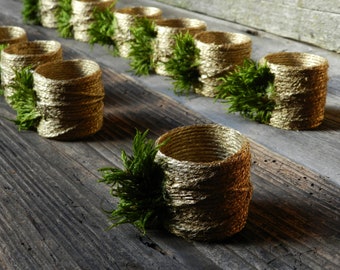Golden Napkin Ring with Moss Ornament Type 2 | Jute Napkin Rings| Burlap Napkin Rings| Rustic Napkin Rings | Shabby Chic Napkin Rings