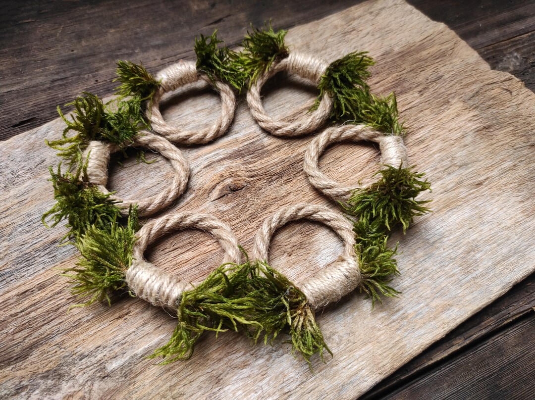 Rope Napkin Ring With Moss Jute Napkin Rings Rope Napkin Etsy