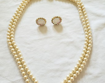 Vintage Faux Pearl and Stone Necklace and Earrings Set