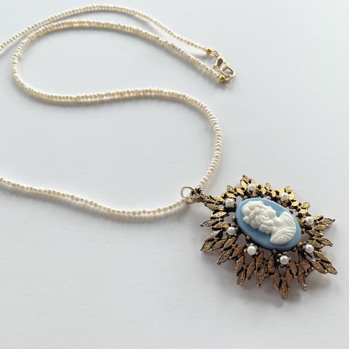 Vintage Blue Cameo Pendant Necklace with Dainty Freshwater Pearl deals Beaded Chain