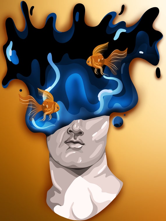 Statue Head Exploding With Water and Goldfish Digital Art Downloadable  Print - Etsy New Zealand