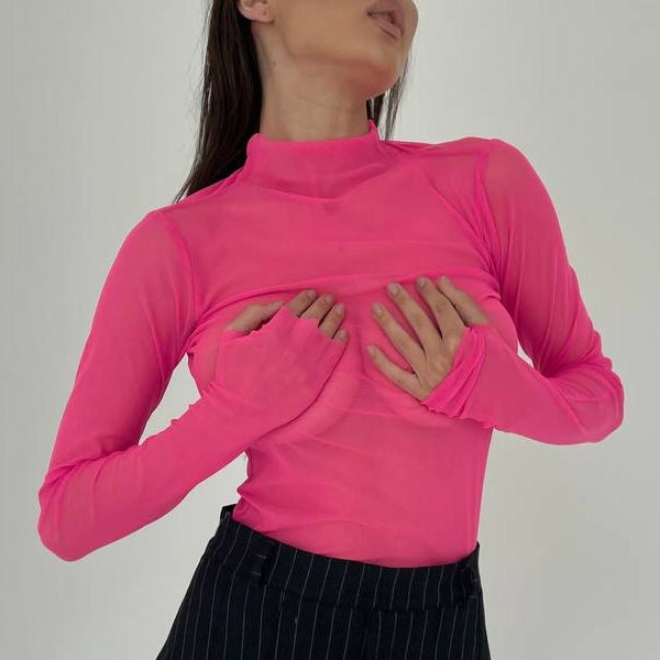 Sexy Transparent Blouse Sheer Mesh in Pink | Seductive Long Sleeve Mesh Blouse | Soft Stretchy Elegant Transparent Top | XS S M L