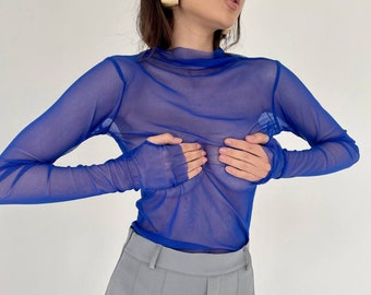 Sexy Transparent Blouse Sheer Mesh in Blue | Seductive Long Sleeve Mesh Blouse | Soft Stretchy Elegant Transparent Top | XS S M L
