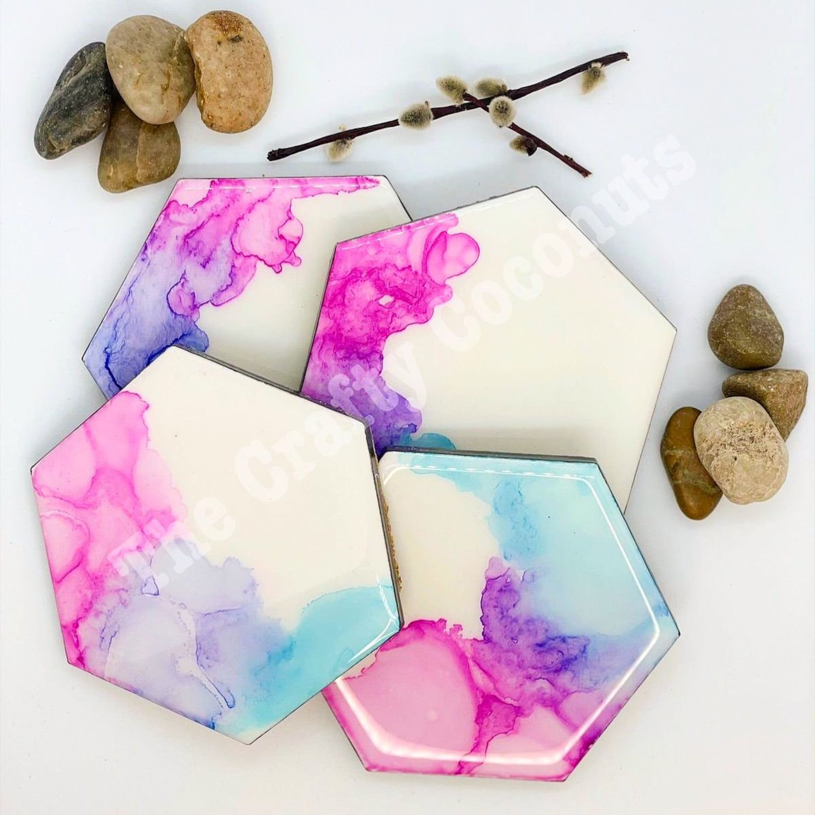 Alcohol Ink Resin Coasters / Coasters / Blue Pink / Handmade / Etsy