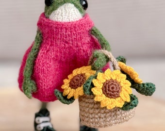 Knitted Green Frog, Sunflower basket, dark green real leather shoes, Melange Dress