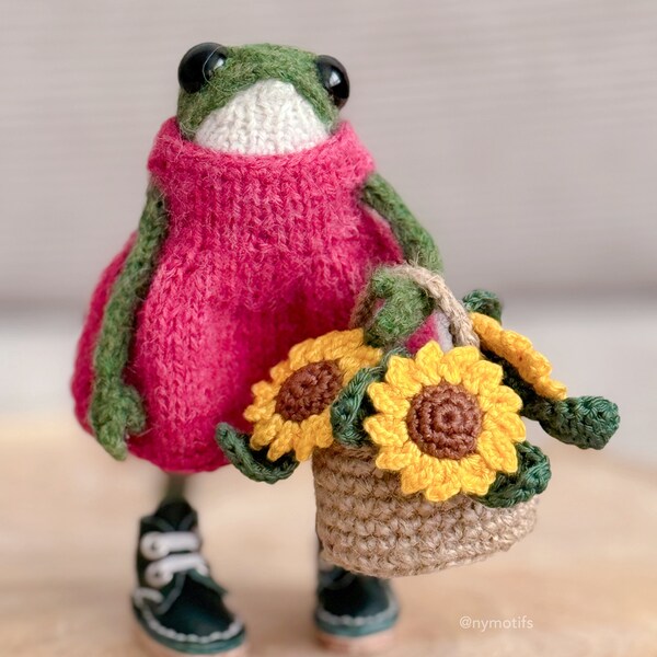 Knitted Green Frog, Sunflower basket, dark green real leather shoes, Melange Dress