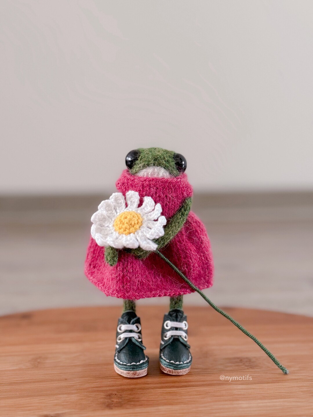 Green Knitted Frog and Alpaca Wool Melange Dress and Real Leather