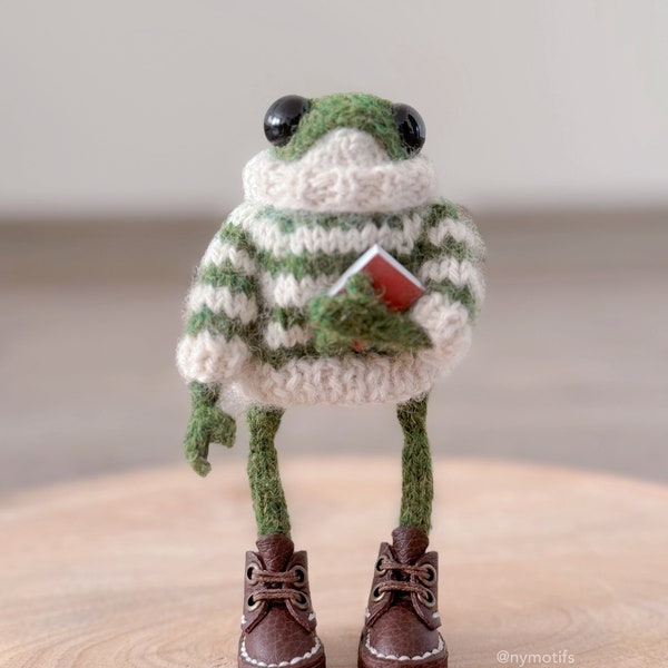 Knitted Green Frog with green sweater and real brown leather shoes and book, %100 Alpaca baby wool, child gift, Frog, Dotpebbles knits frog