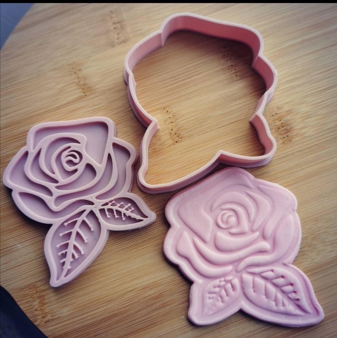 Set of 2 Flower cookie cutter and cookie stamp Rose cutter Etsy