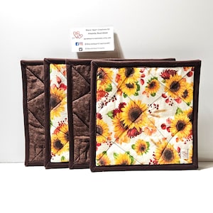 Quilted Potholder, Hot Pads, Sunflowers, Gold, Brown, Set of 4 Potholder/Hot Pads, Kitchen Gifts