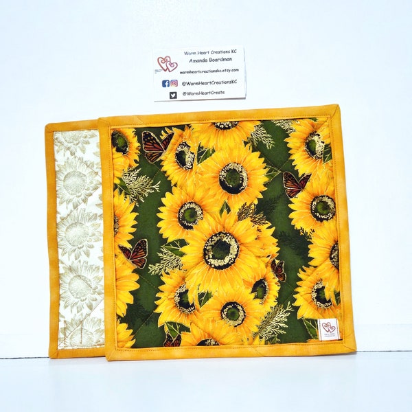 Quilted Potholder, Hot Pads, Sunflowers, Gold, Green, Set of 4 Potholder/Hot Pads, Kitchen Gifts