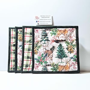 Quilted Christmas Potholder Set: Deer, Plaid, Reversible Hot Pads