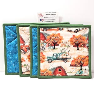 Quilted Potholder Set of 4, Fall Harvest Trucks, Kitchen Hot Pads