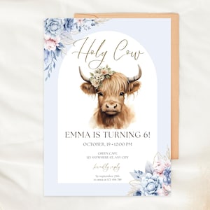 Highland Cow Birthday Party Invitation | Minimalist Watercolor Design | Editable Template | Rustic Farm Animal Invite | INSTANT DOWNLOAD