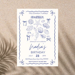 Invitación de cumpleaños con conchas costeras / Invitación a fiesta temática de playa / Invitación a fiesta en el océano para niños o adultos / El verano que cumplí con lazos