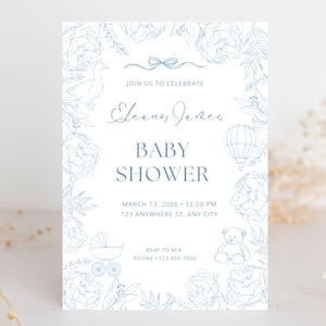 Toile De Jouy Themed Baby Shower Invitation| Baby Shower Invitations | Vintage Elegant Chinoiserie Floral | French Toile Editable Invite
