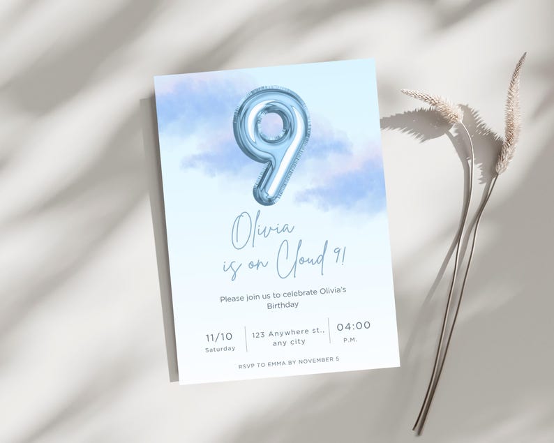 Cloud 9 Birthday Invitation: Dreamy Pastel Party, Editable Template ...