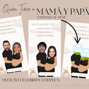 Pode incluir: Anúncio de chá de bebé com ilustrações de desenhos animados de casais de celebridades. O design inclui o texto "Quien Tiene a Mamá y Papá?" e "Alicia & Jose Luis Baby Shower". A imagem também inclui ursinhos de pelúcia e nuvens.