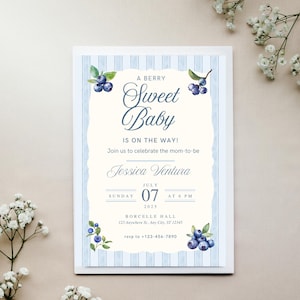 Blueberry Baby Shower Invitation, A Sweet Berry Baby Shower Invite, Blueberry Berry Sweet Invitation, summer blue boy or girl