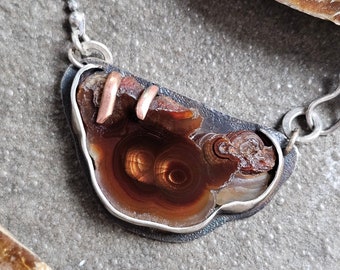 Fire Agate Necklace, Natural Edges, Mixed Metal, Sterling Silver and Bronz, Partial Bezel and Prong, Raw Edges, Free Form