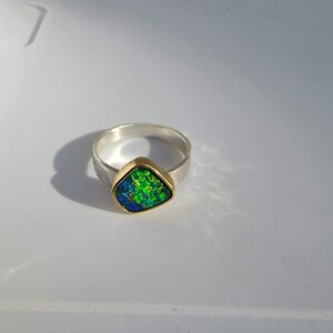 Australian Boulder Opal Ring, 18K Gold Bezel, October Birthstone, Mixed Metal Ring, Solid Blue Green Color image 1