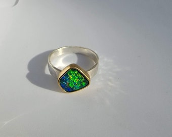 Australian Boulder Opal Ring, 18K Gold Bezel, October Birthstone, Mixed Metal Ring, Solid Blue Green Color