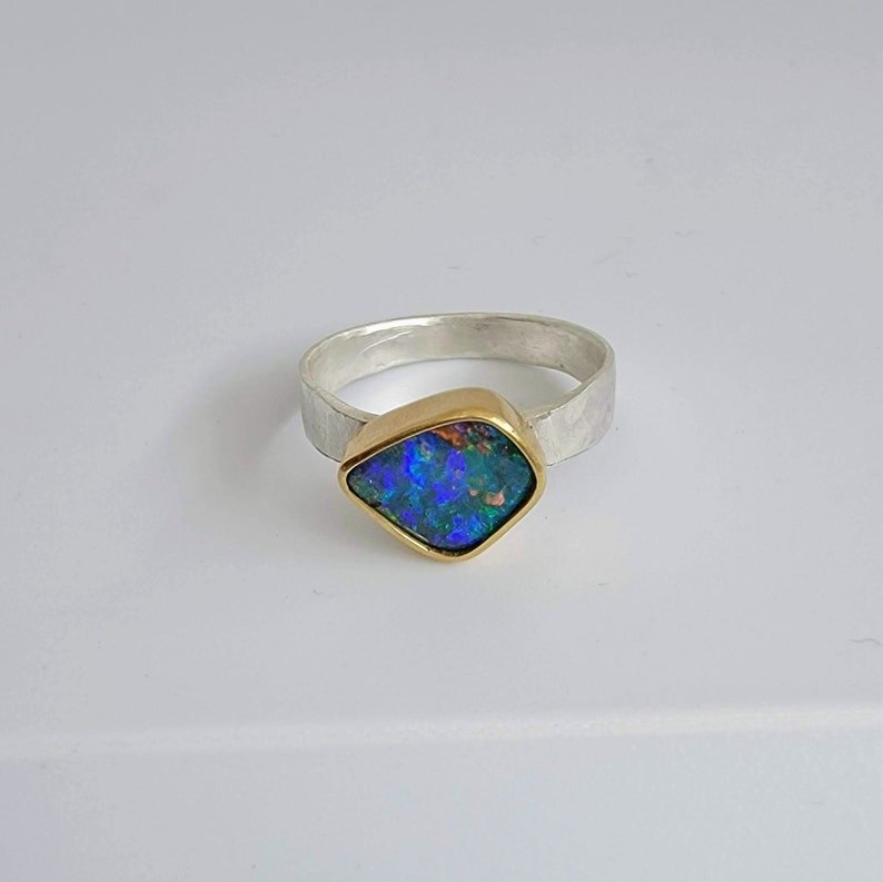Australian Boulder Opal Ring, 18K Gold Bezel, October Birthstone, Mixed Metal Ring, Solid Blue Green Color image 3
