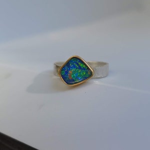 Australian Boulder Opal Ring, 18K Gold Bezel, October Birthstone, Mixed Metal Ring, Solid Blue Green Color image 6