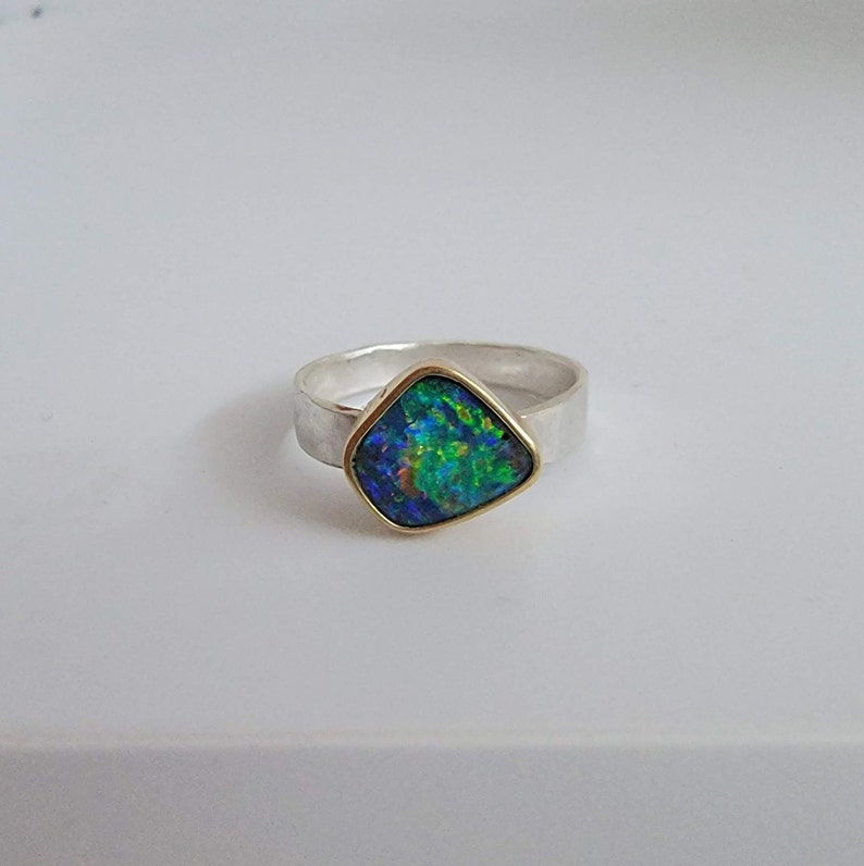 Australian Boulder Opal Ring, 18K Gold Bezel, October Birthstone, Mixed Metal Ring, Solid Blue Green Color image 2