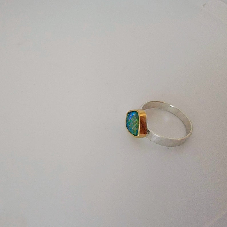 Australian Boulder Opal Ring, 18K Gold Bezel, October Birthstone, Mixed Metal Ring, Solid Blue Green Color image 8