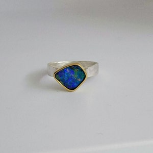 Australian Boulder Opal Ring, 18K Gold Bezel, October Birthstone, Mixed Metal Ring, Solid Blue Green Color image 5